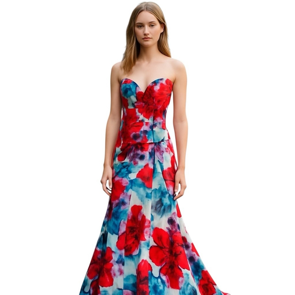 Camille La Vie Red & Blue Floral Strapless Mermaid Maxi Prom Dress Size:4